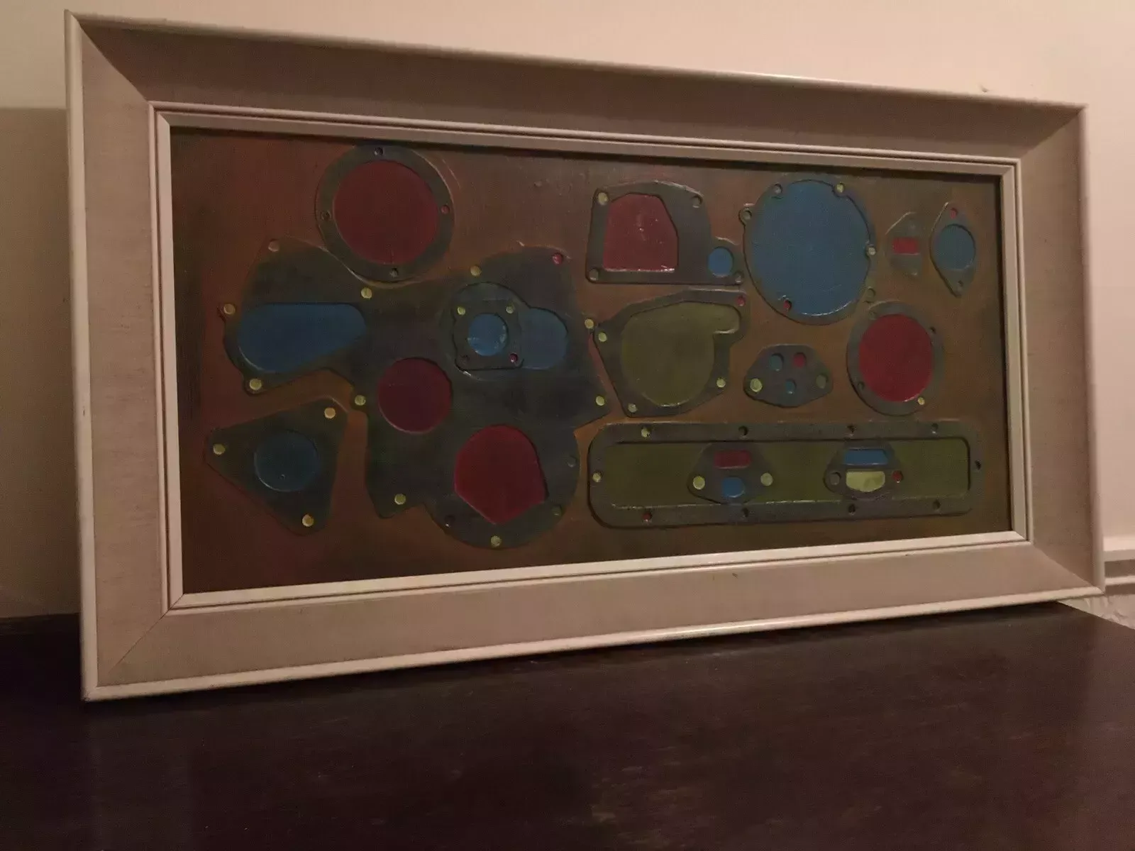 Large Industrial Modernist Oil Painting Abstract Assemblage Art 1970s Signed photo for sale