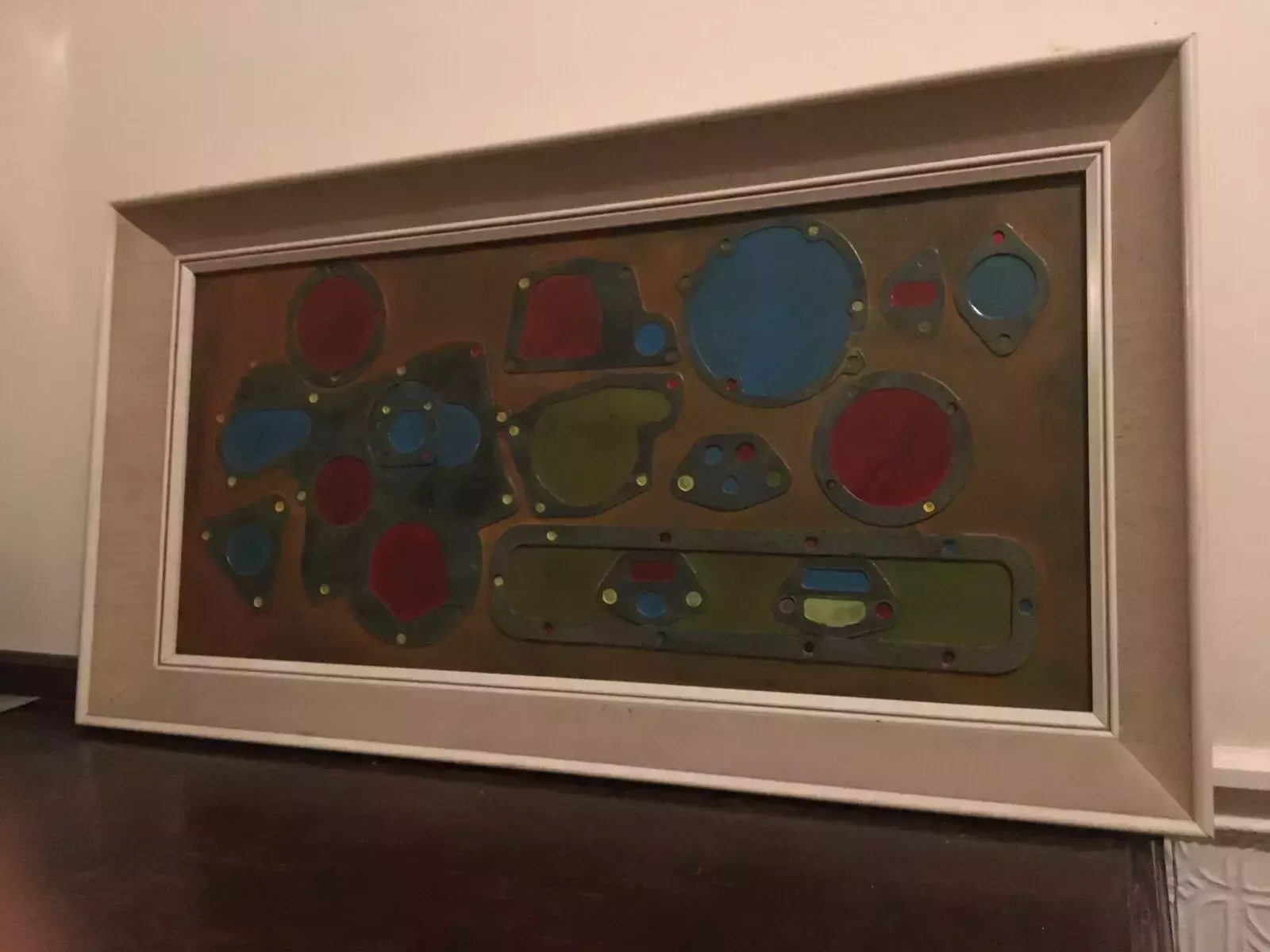 Large Industrial Modernist Oil Painting Abstract Assemblage Art 1970s Signed photo vintage