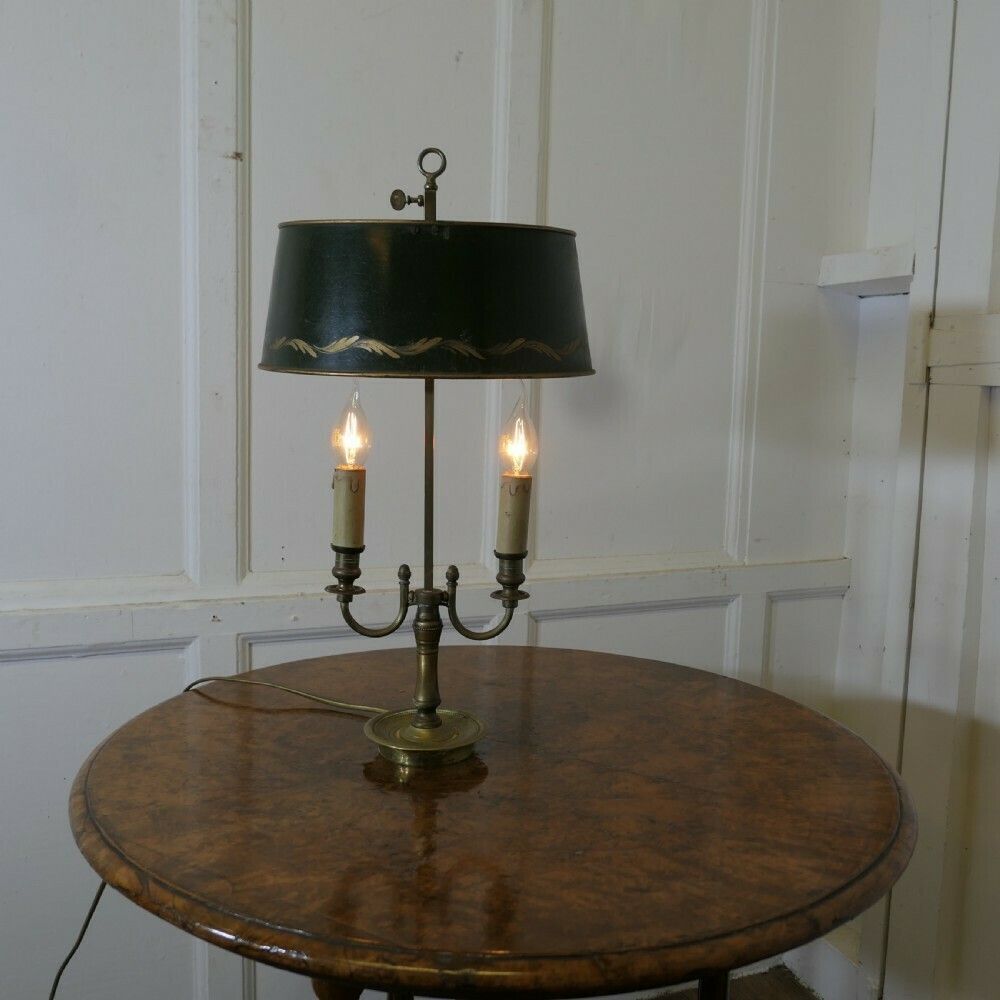 Green Toleware And Brass Twin Bouillotte Desk Lamp From France photo furniture