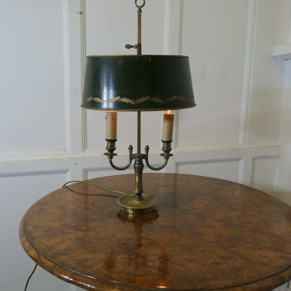 Green Toleware And Brass Twin Bouillotte Desk Lamp From France photo for sale