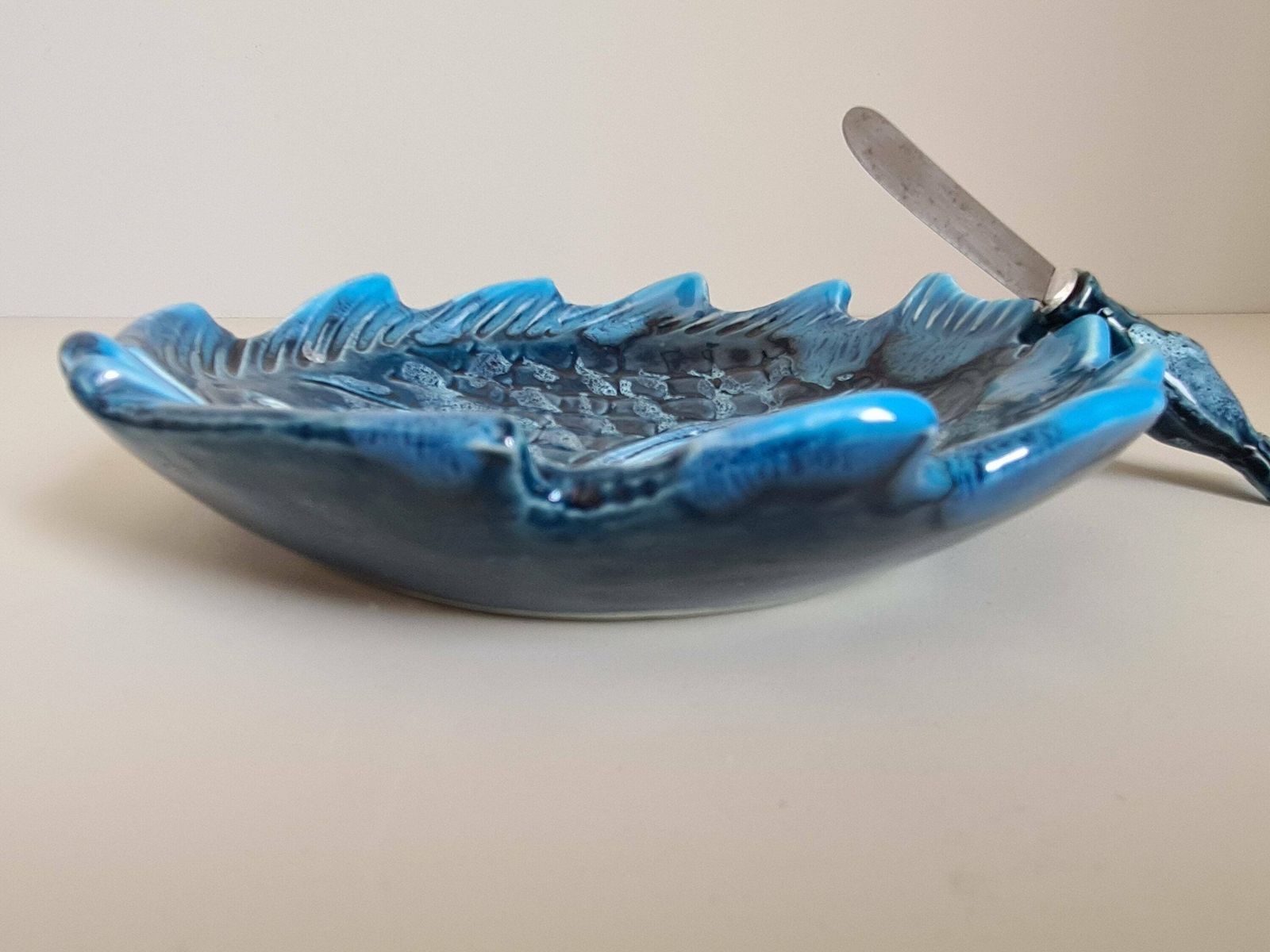 photo for sale Ceramic Butter Dish Signed Vallauris Fish Decor And Its Knife / Fish / Ceramic / 1960 / French Riviera / Mid Century / 20th