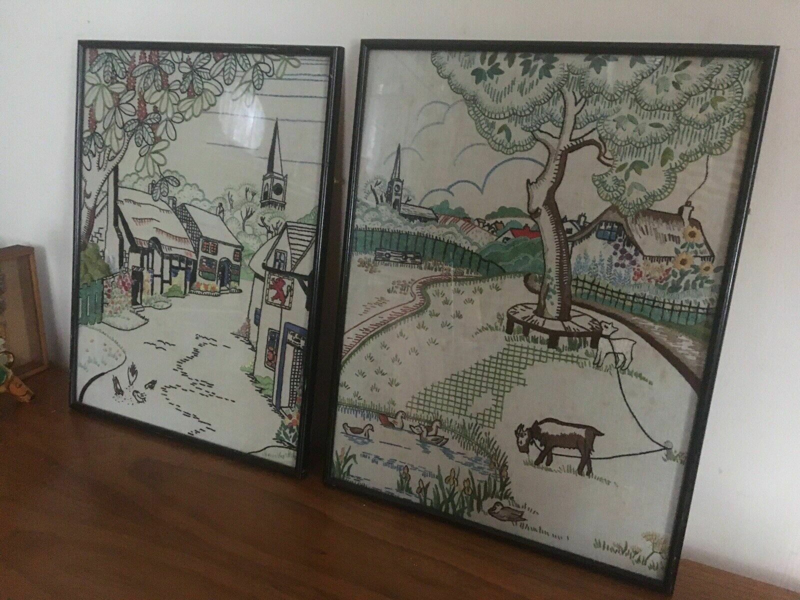 Pair Of Vintage/Antique Needlework Embroidered Pictures Framed Textile Art Deco
