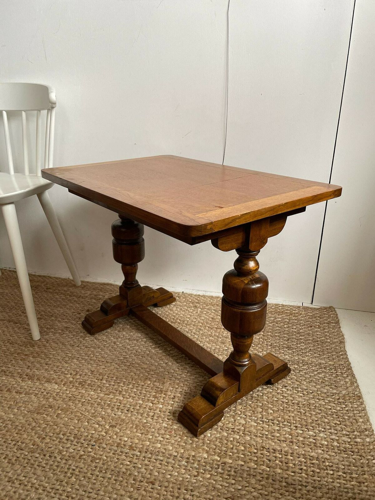 Vintage Tall Oak Hallway Chapel Side Table With Chunky Turned Wood Legs Arts And Crafts Vibe photo for sale