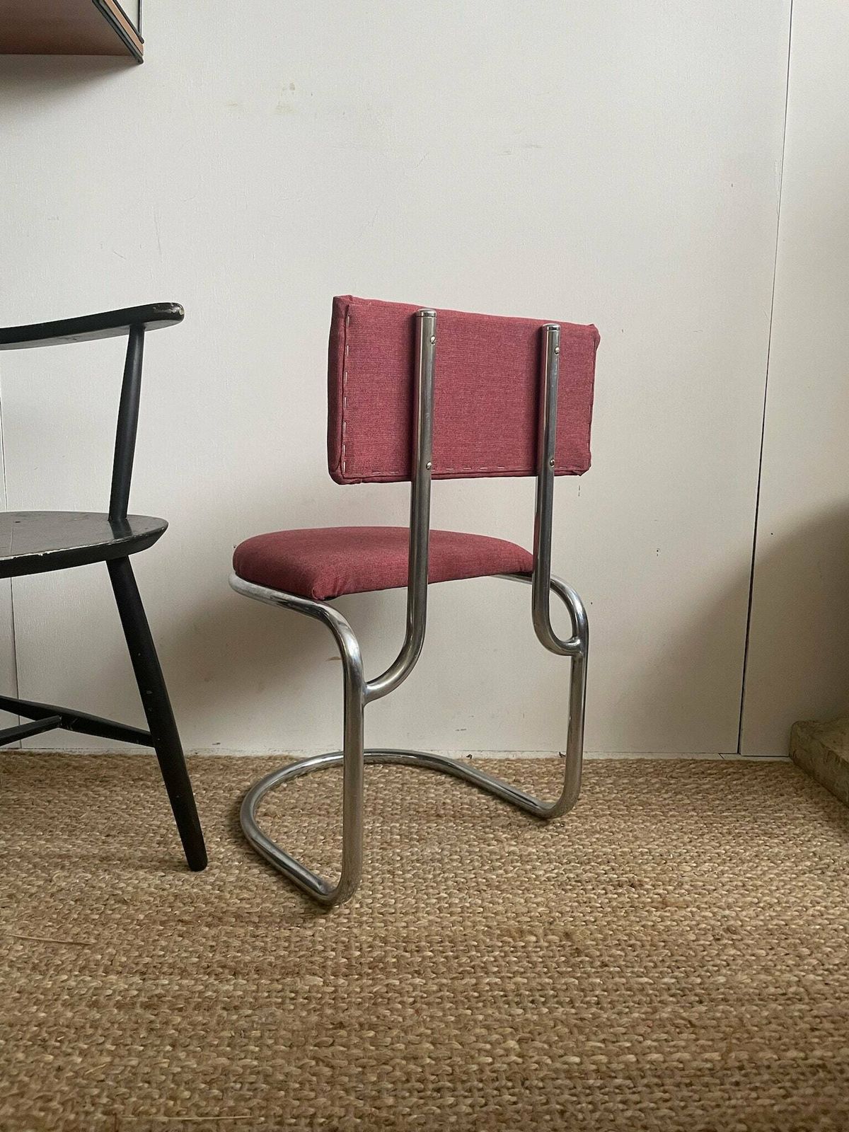 Tubular Bauhaus Style Cantilevered Large Kids Chair With Dusty Red Seat And Back photo Furniture