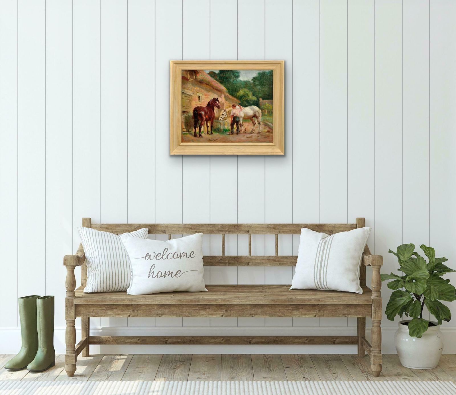 photo for sale Raimond Louis Lecourt 1882 To 1946. French. Working Horses At The Trough, Normandy 1908. Chevaux à L'abreuvoir. Framed Oil Painting.