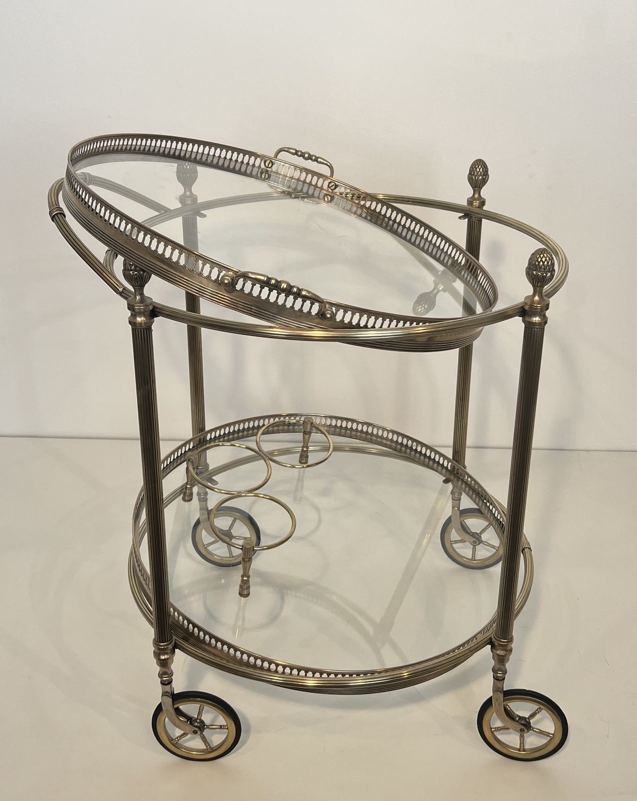 Rare Set Of 3 Round Rolling Tables In Silver Plated Brass From Maison Baguès photo for sale