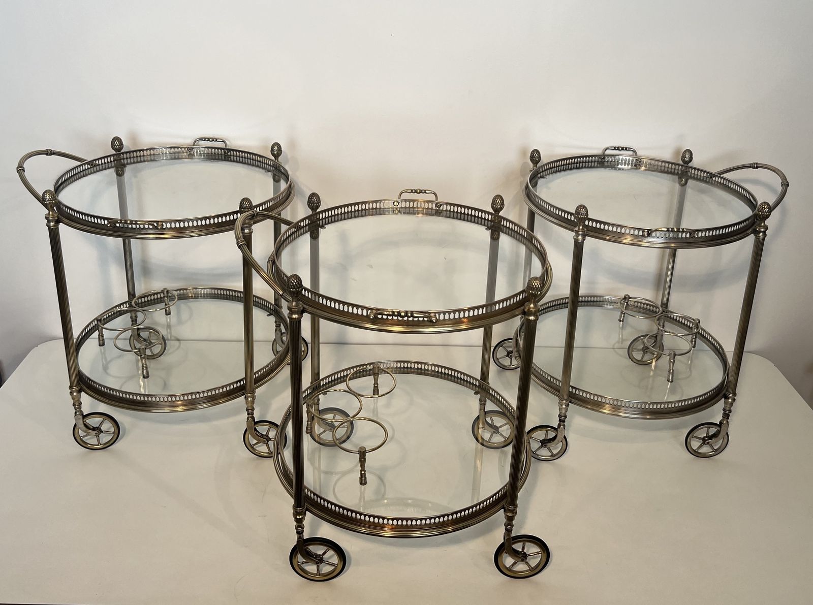 Rare Set Of 3 Round Rolling Tables In Silver Plated Brass From Maison Baguès photo furniture
