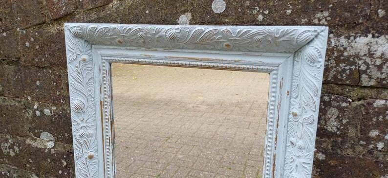 Small Ornate Painted Shabby Chic Mirror In Farrow And Ball Light Blue. Gold Highlights. photo buy