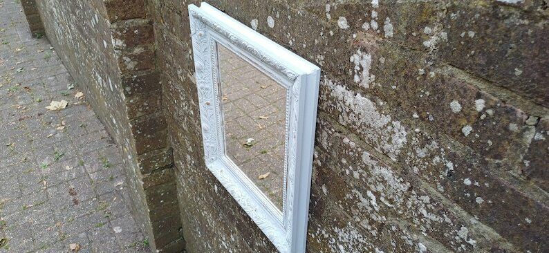 photo for sale Small Ornate Painted Shabby Chic Mirror In Farrow And Ball Light Blue. Gold Highlights.
