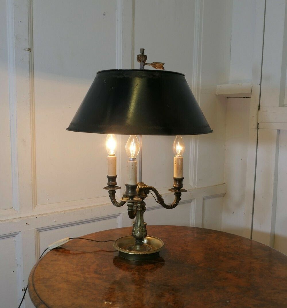 Green Toleware And Brass Triple Bouillotte Desk Lamp From France
