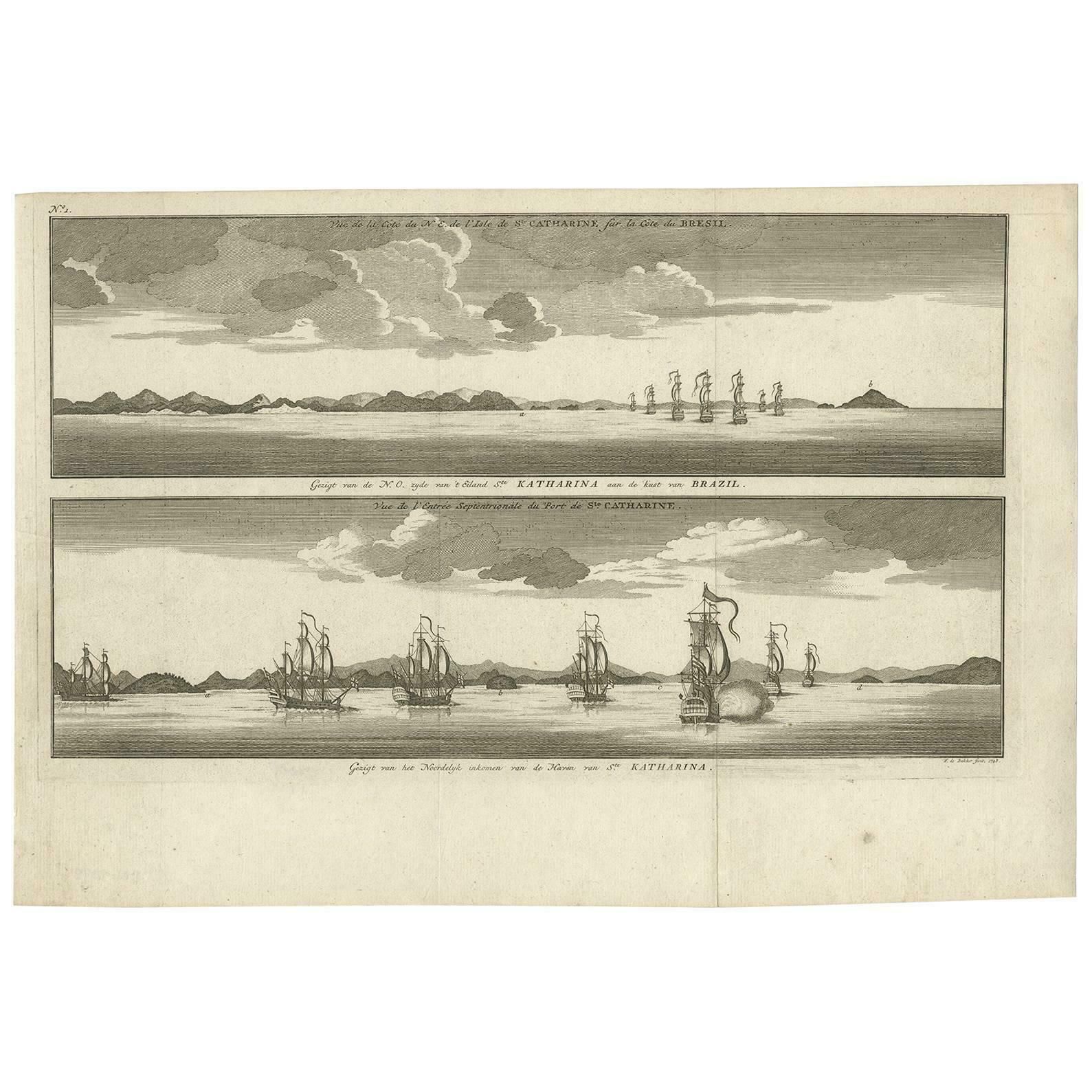 Antique Print With Views Of Santa Catarina Island By Anson (C.1760)