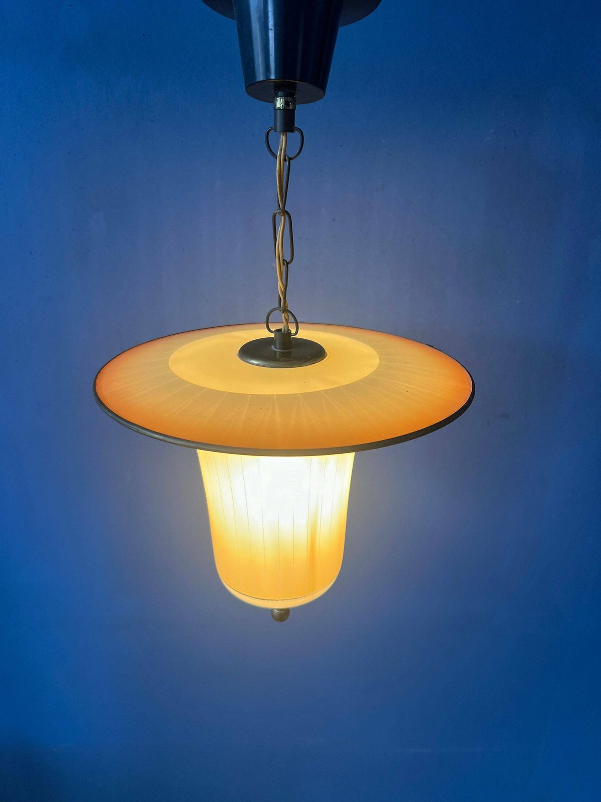 Vintage 50s Glass And Brass Lantern Pendant Lamp photo Lighting