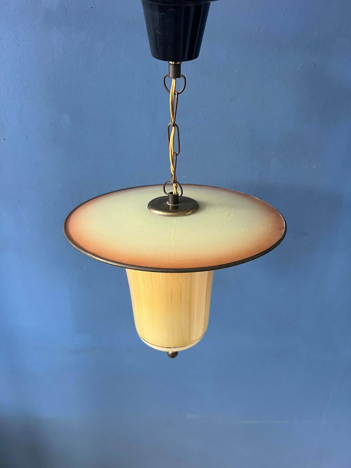 Vintage 50s Glass And Brass Lantern Pendant Lamp photo vintage