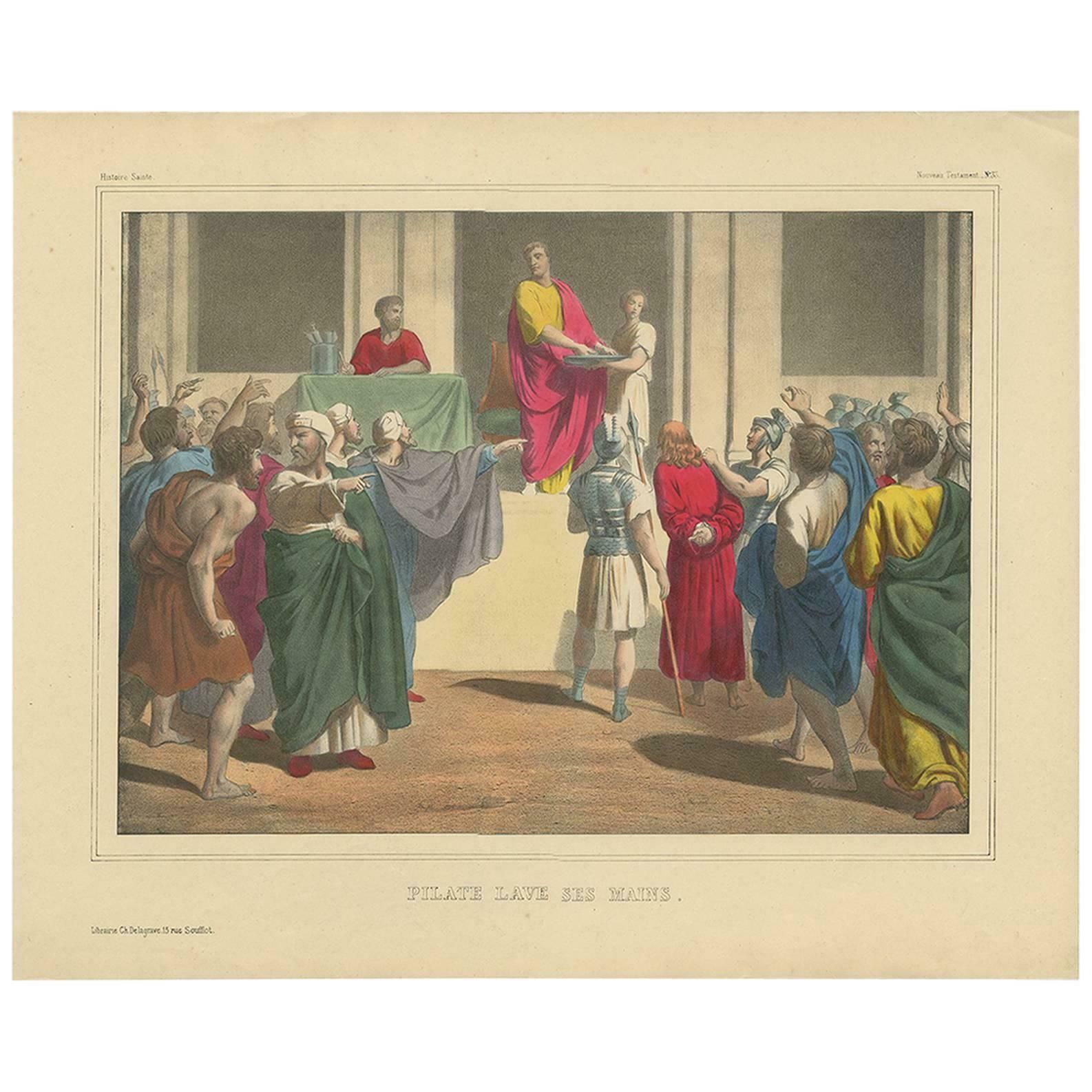 Antique Religious Print 'No. 33' Pilate Washing His Hands, Circa 1840