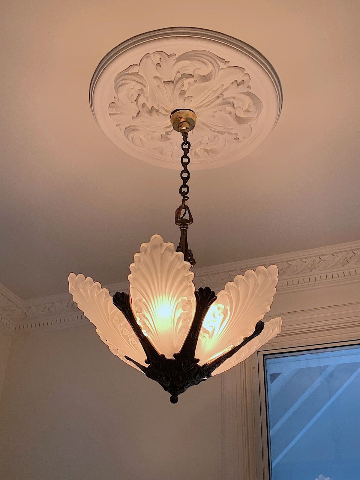 Pair Of Art Deco Chandeliers, With Brass Fittings And 6 X Cast Glass Shades In Each Chandelier, Plus 6 X Bulb Light Fittings In Each Light. Comes With Rose Fittings.