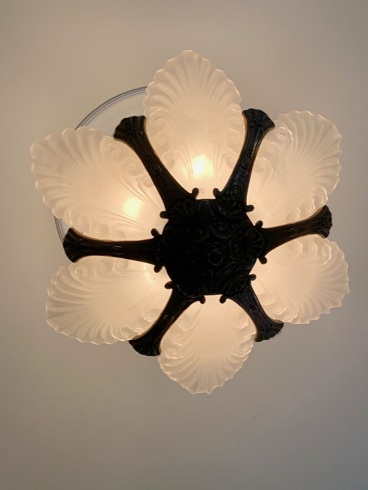 Pair Of Art Deco Chandeliers, With Brass Fittings And 6 X Cast Glass Shades In Each Chandelier, Plus 6 X Bulb Light Fittings In Each Light. Comes With Rose Fittings. photo for sale