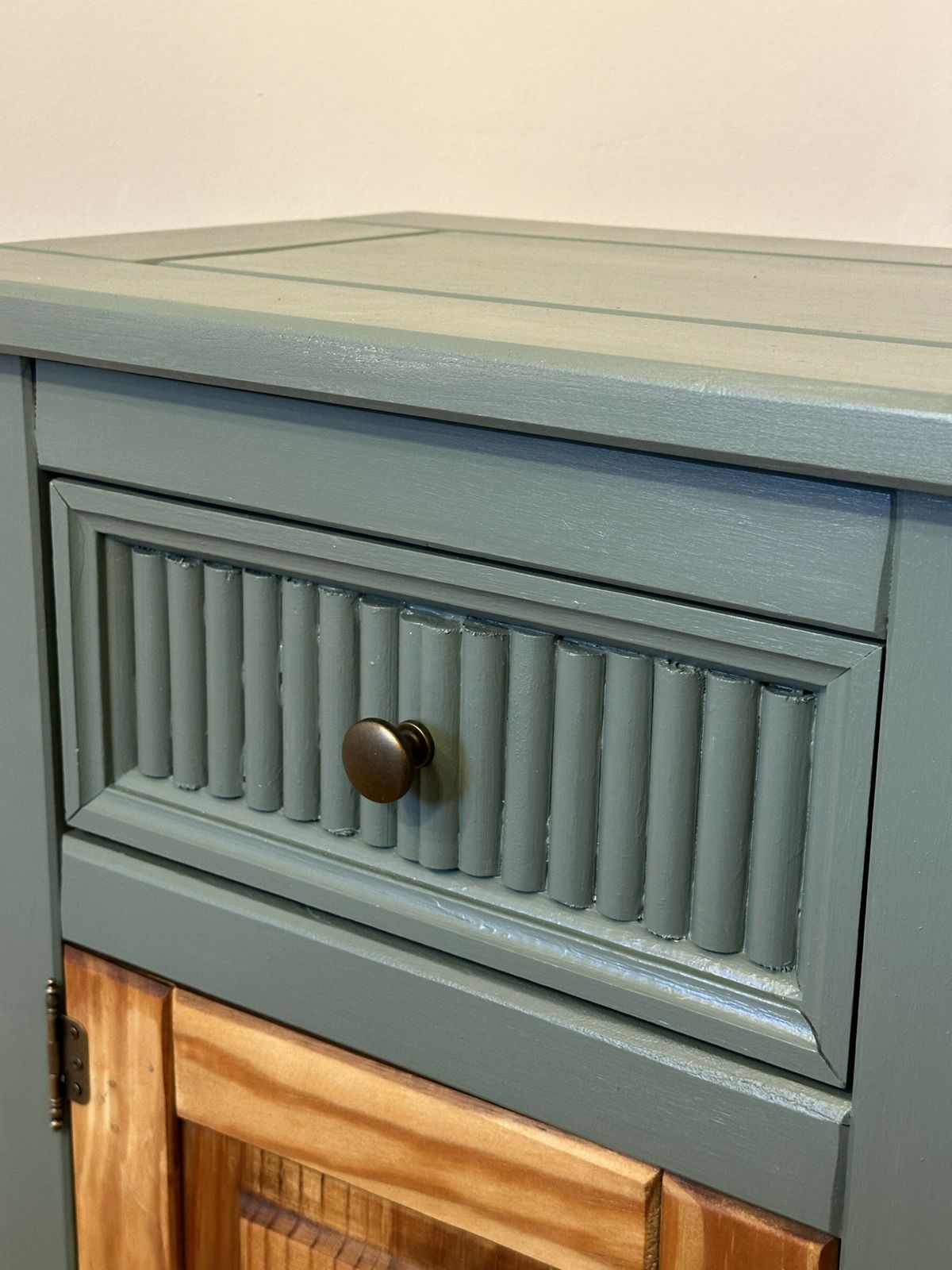 Hand Painted Upcycled Bedside Cabinet   Solid Wood In Green Smoke By Farrow And Ball photo for sale