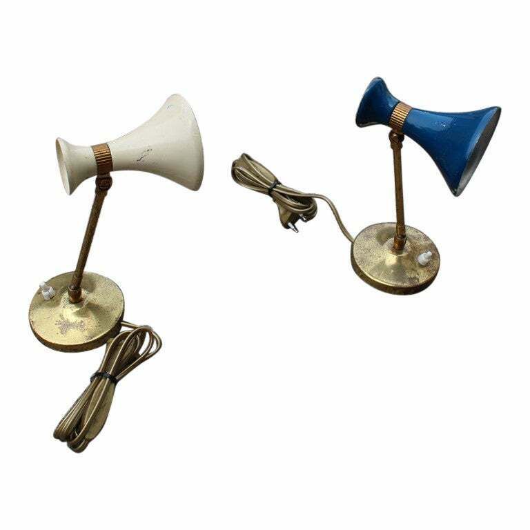 Pair Of Italian 1950 Table Lamps In Brass And Blue And Beige Enamelled Metal