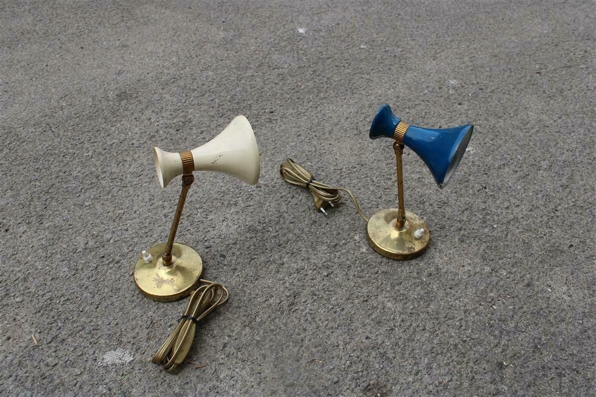 Pair Of Italian 1950 Table Lamps In Brass And Blue And Beige Enamelled Metal photo furniture