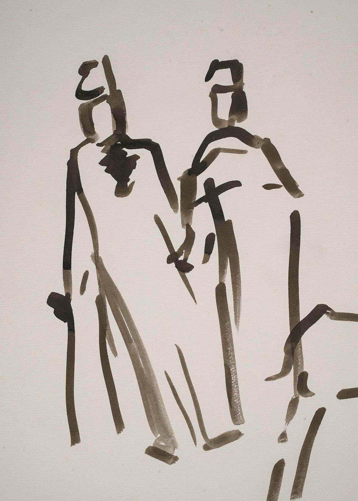 Wash Drawing By Artist Evelyne Luez On Paper, 20th Century. photo Art