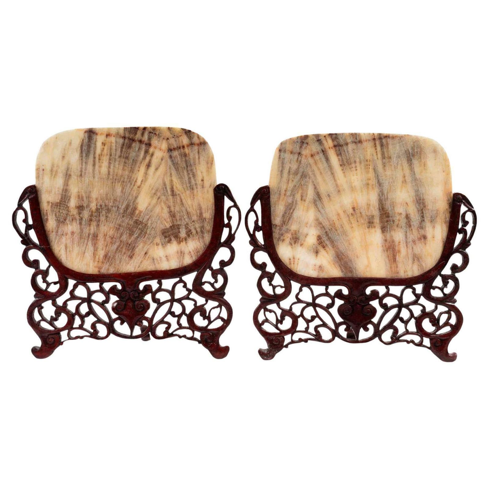 Pair Of Carved Wood And Transparent Marble Light Covers, Art Of Asia.