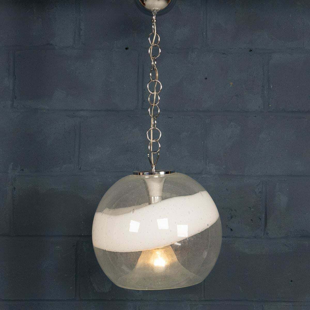 20th Century Italian White & Clear Murano Glass Pendant Lamp C.1970 photo furniture
