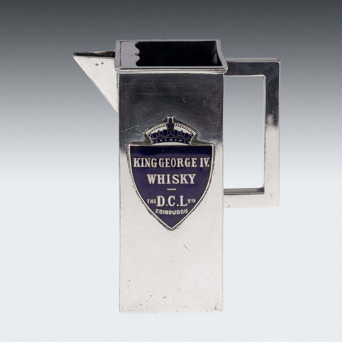 Antique 20thc Art Deco Silver Plated & Enamel Water Jug, King George IV Whisky photo for sale