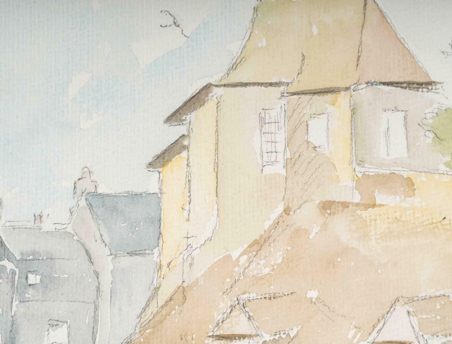Watercolour On Paper Depicting A City And Its Canal, 1980. photo 397.0