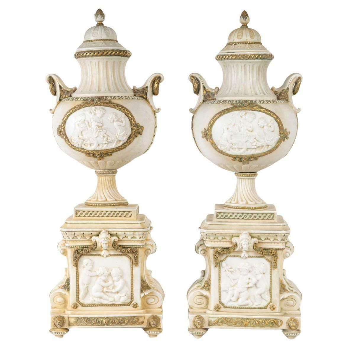 Pair Of 19th Century Napoleon III Period Covered Vases In Biscuit.