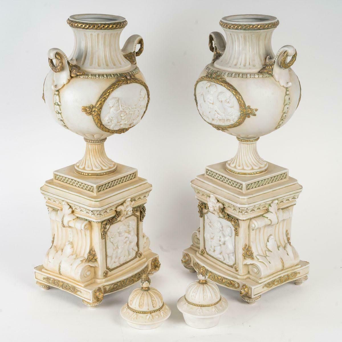 Pair Of 19th Century Napoleon III Period Covered Vases In Biscuit. photo vinterior