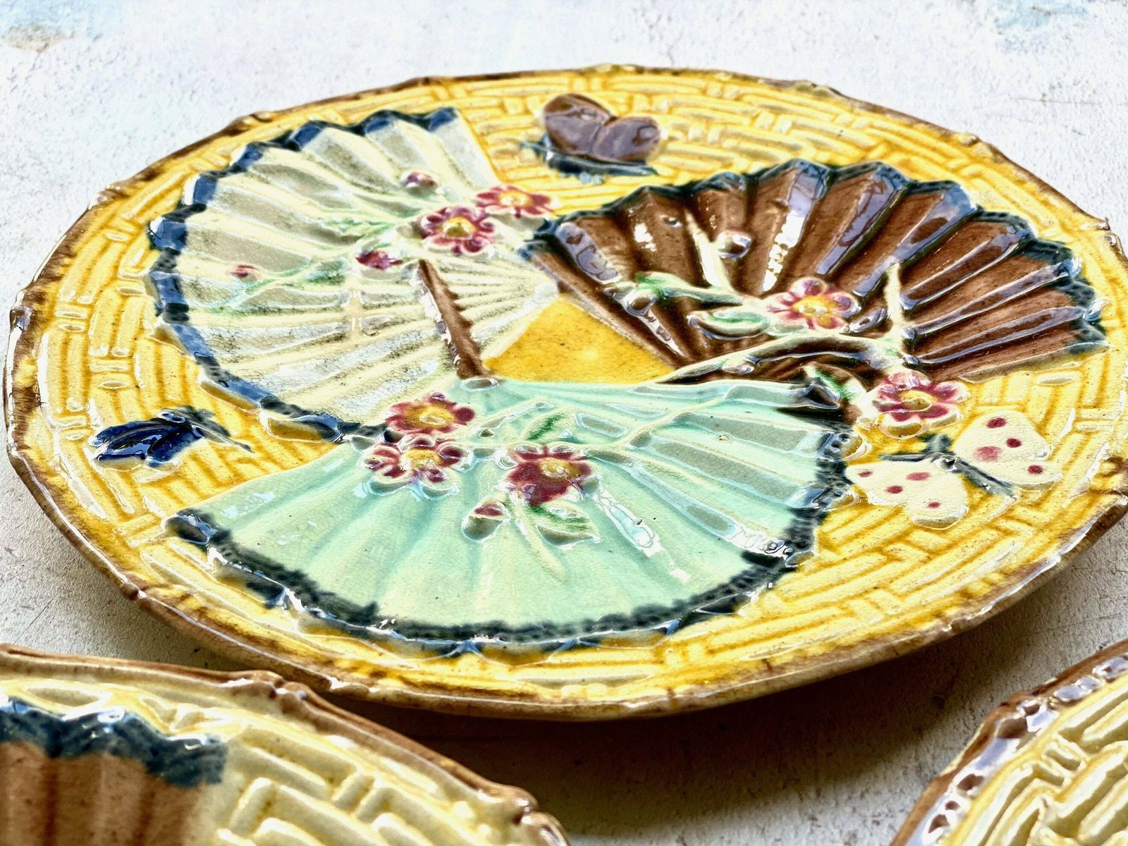 Trio Of Majolica Fans Butterflies Aesthetic Movement Plates Wedgwood photo 195.0