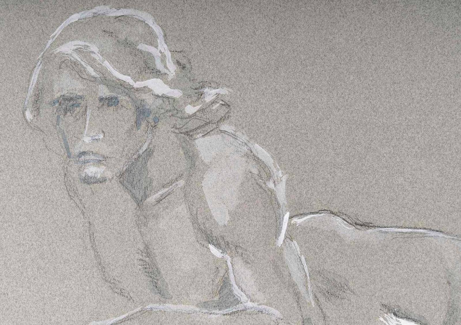 Pencil And Watercolour Drawing On Paper Of A Reclining Man, 20th Century. photo for sale