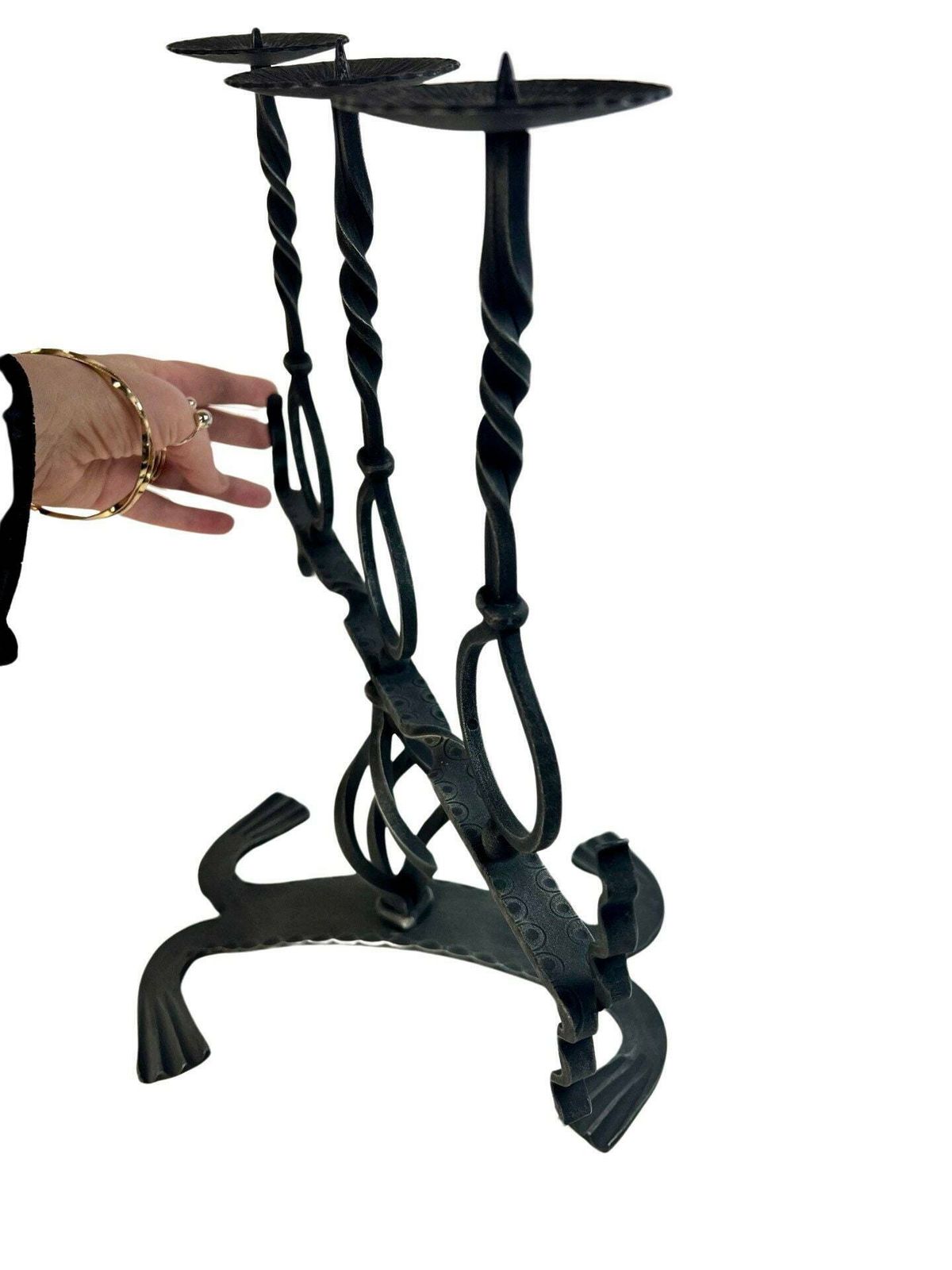 Large 3 Candle Wrought Iron Candle Holder, Altar Candle Holder, Brutalist Gothic, Rustic Candelabra From Switzerland photo vinterior