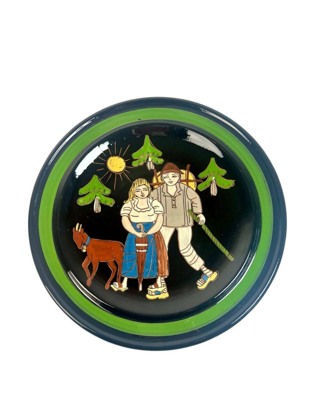 Swiss Pottery Wall Plate, Young Farmer Couple Dark Brown Mid Century Aesthetic Farming Motif Grandpa Grandma Chic Wedding Gift Switzerland photo Art