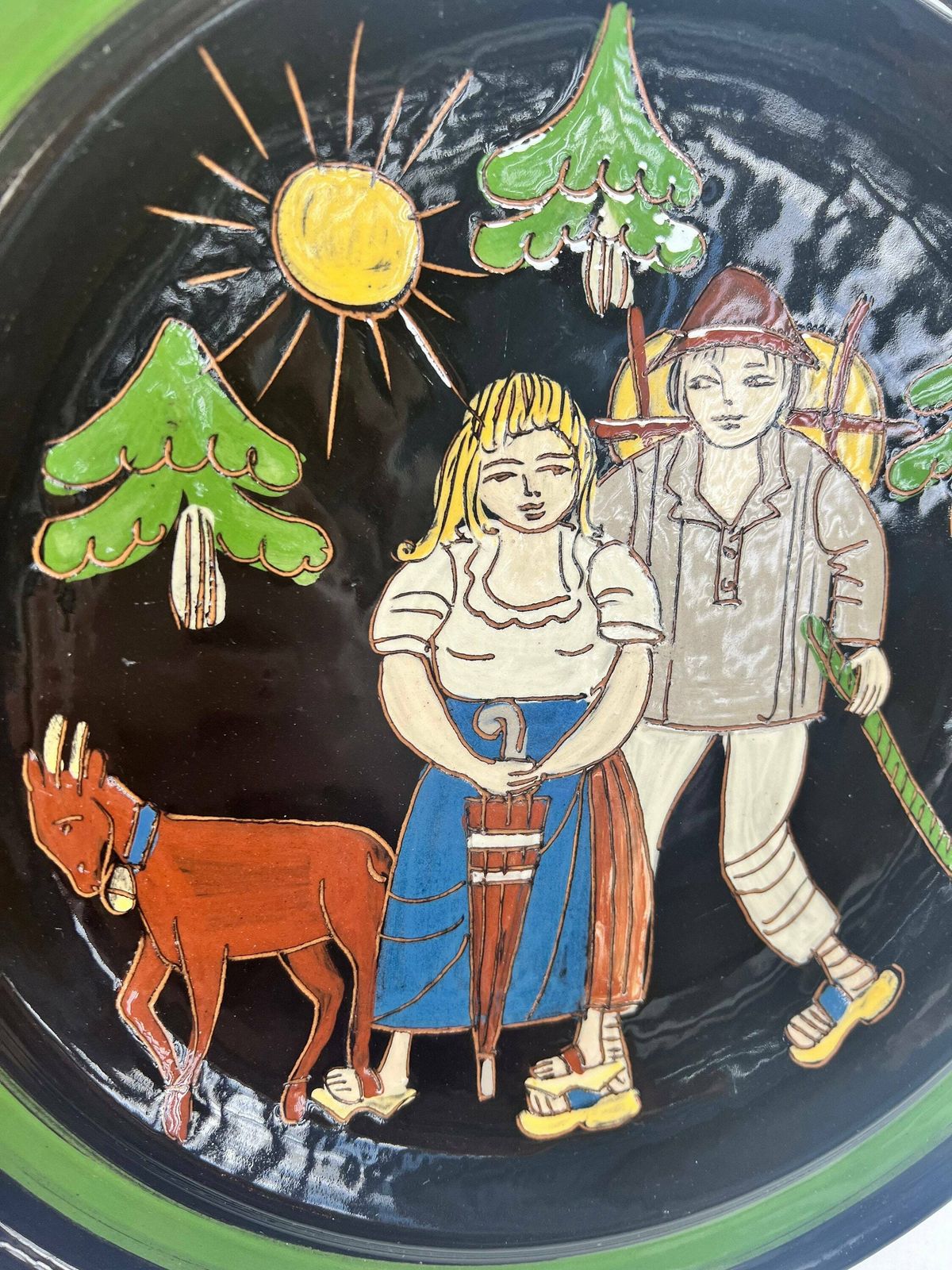 Swiss Pottery Wall Plate, Young Farmer Couple Dark Brown Mid Century Aesthetic Farming Motif Grandpa Grandma Chic Wedding Gift Switzerland photo vintage