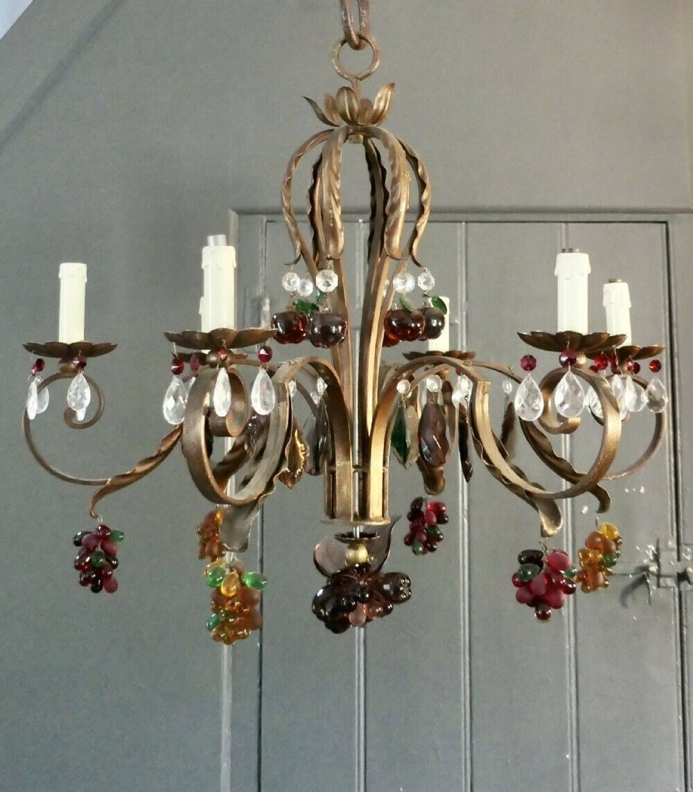 6 Branch Chandelier Hung With Coloured Crystal Fruits, Grapes, Apples And Pears photo vintage