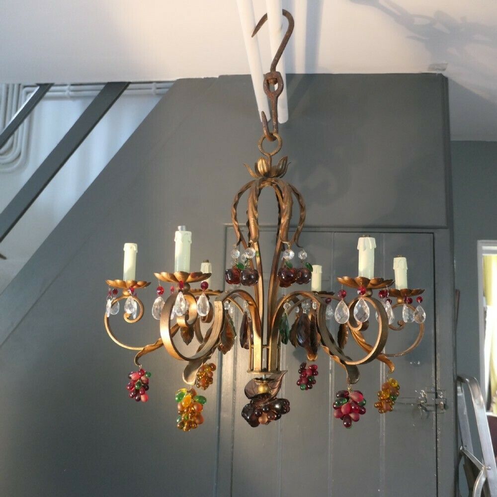 photo for sale 6 Branch Chandelier Hung With Coloured Crystal Fruits, Grapes, Apples And Pears
