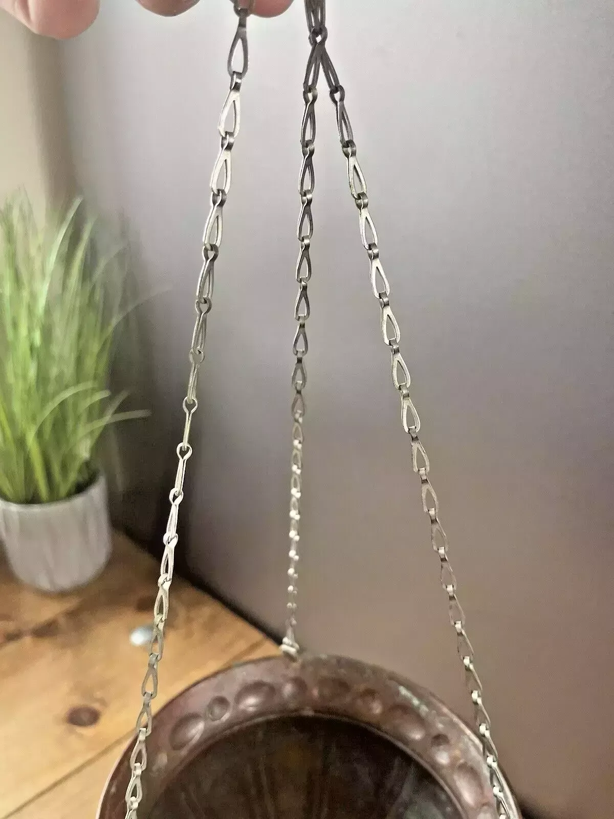 Antique Art Nouveau Swedish Copper Hanging Basket Planter Plant Pot Vintage Boho photo vinterior