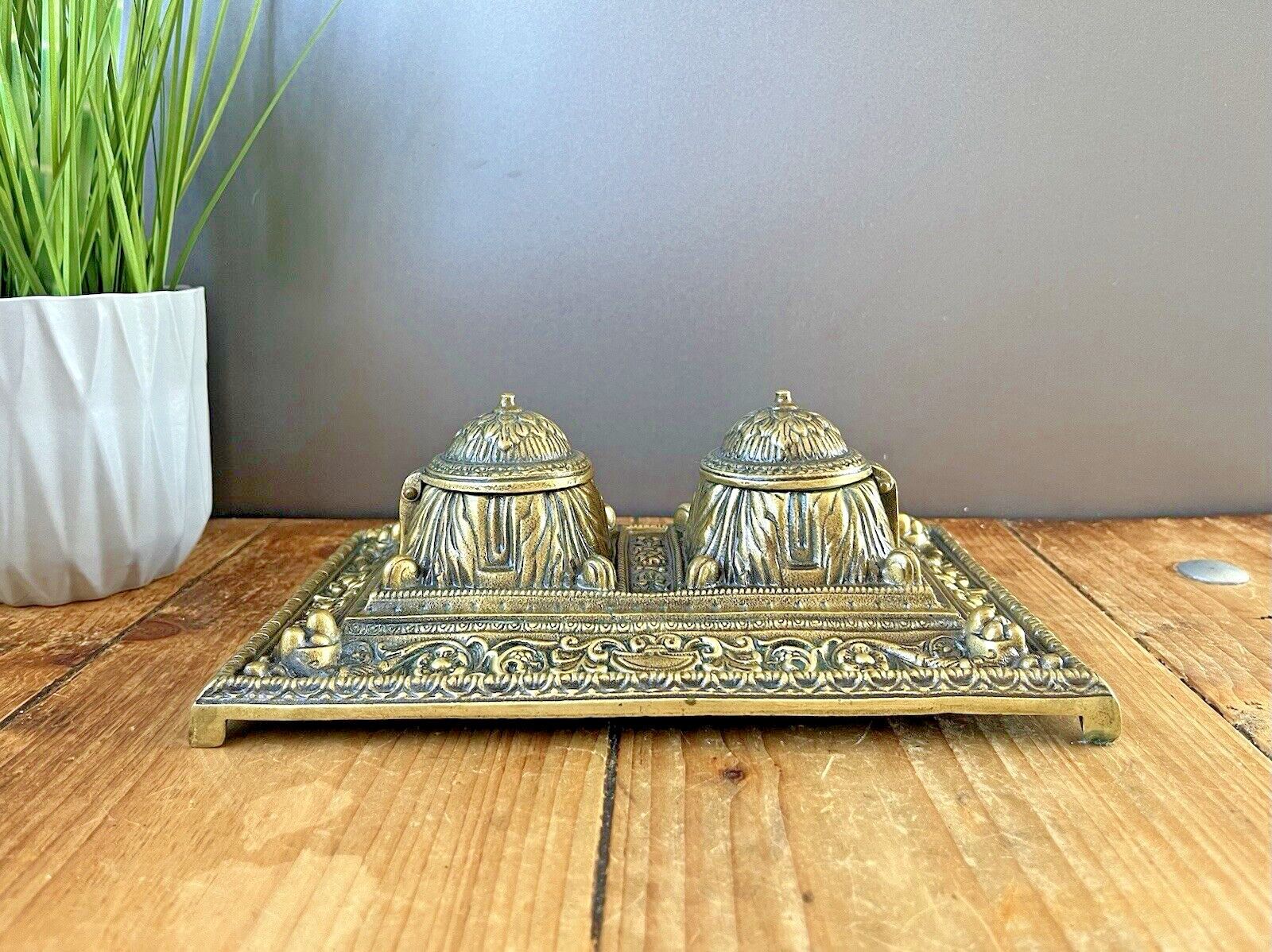 Quality Antique Heavy Brass Double Inkwell & Liners Office Desk Accessory Prop photo for sale