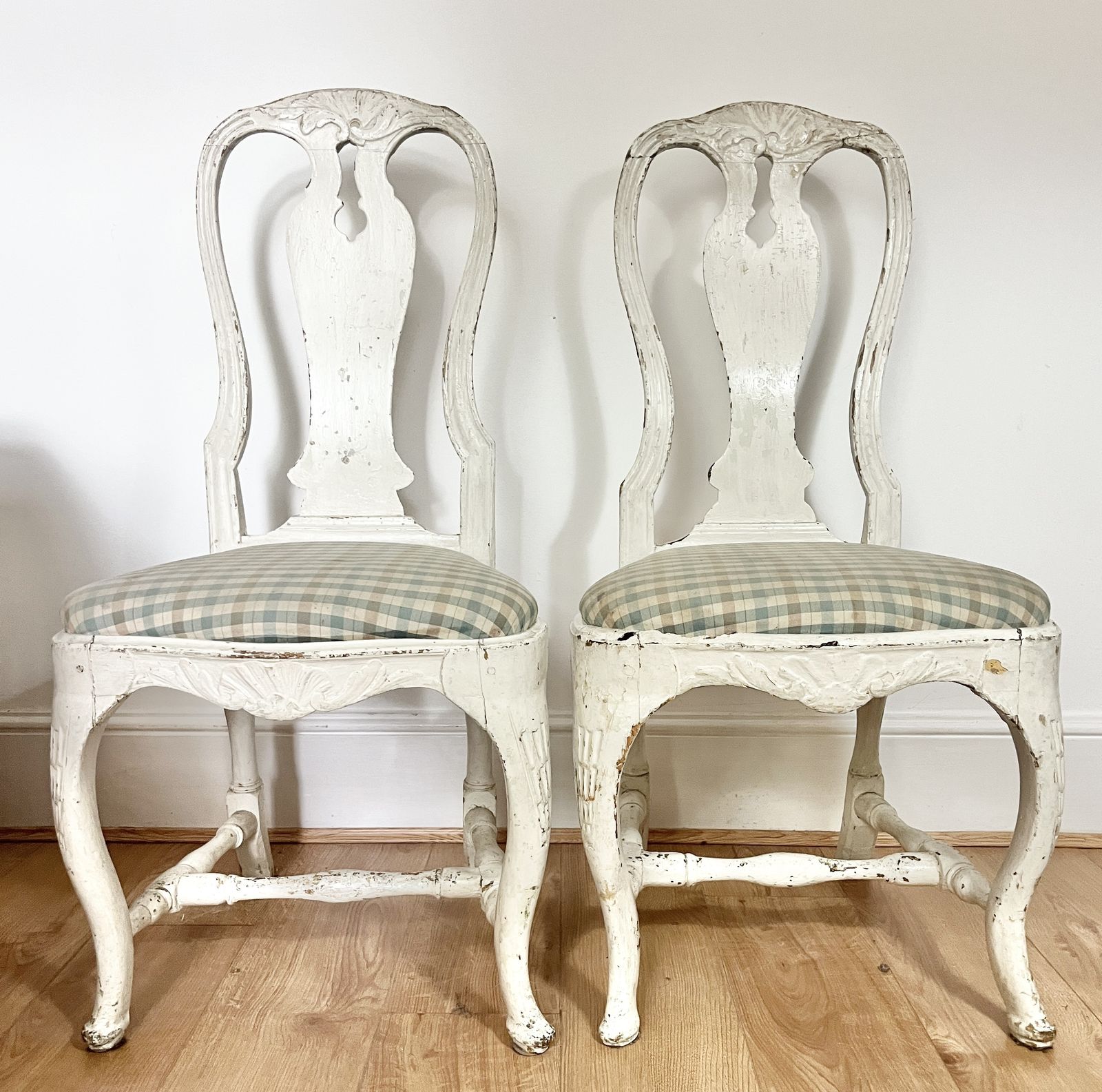 Four Antique Dining Chairs Of White Painted Wood And Upholstered. From The Late 1800's