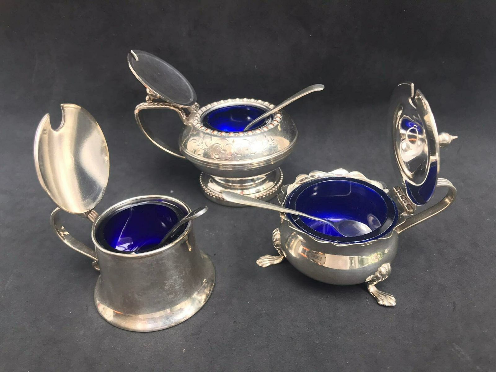 Victorian Salt And Pepper Cellars With Lid And Glass Insert Condiment Set 3 Gift For Couple Wedding Antique Gift English Silver Plated photo furniture