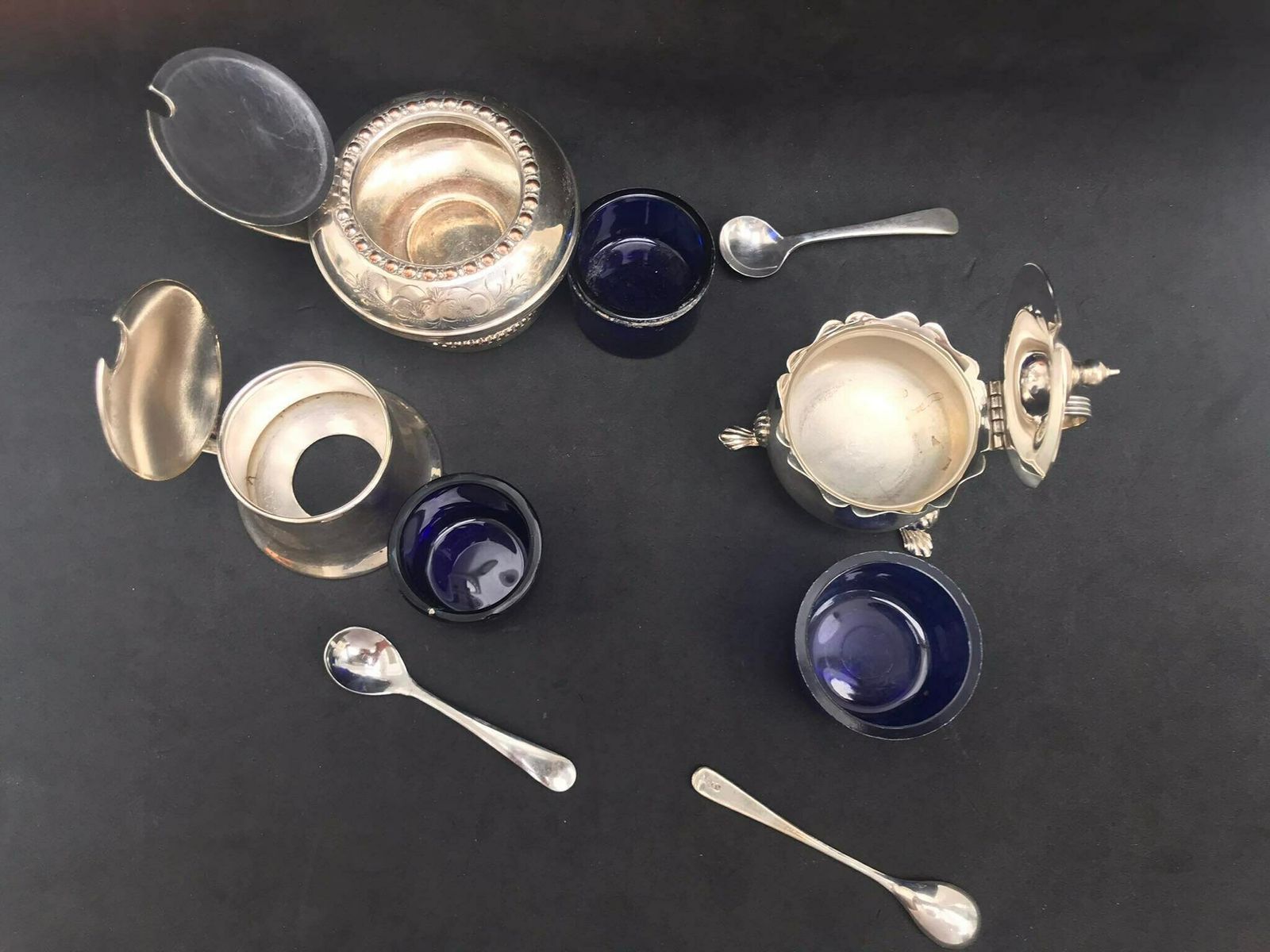 Victorian Salt And Pepper Cellars With Lid And Glass Insert Condiment Set 3 Gift For Couple Wedding Antique Gift English Silver Plated photo buy