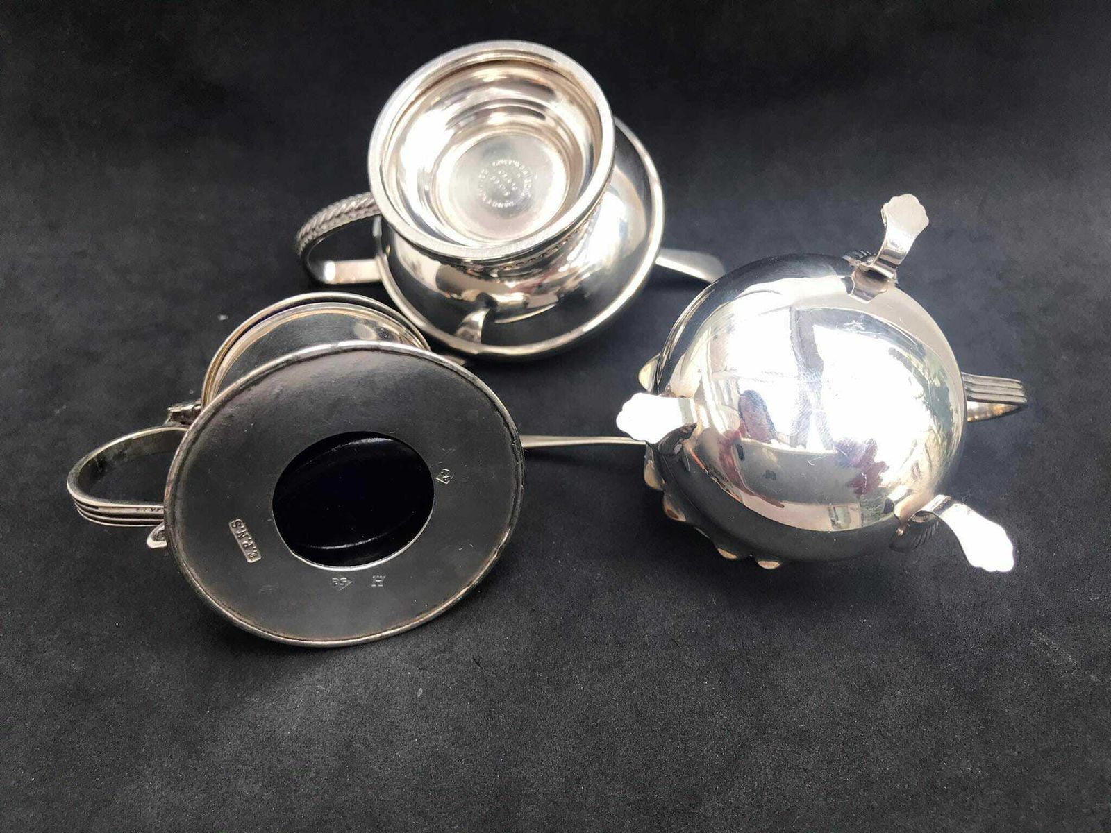 photo for sale Victorian Salt And Pepper Cellars With Lid And Glass Insert Condiment Set 3 Gift For Couple Wedding Antique Gift English Silver Plated