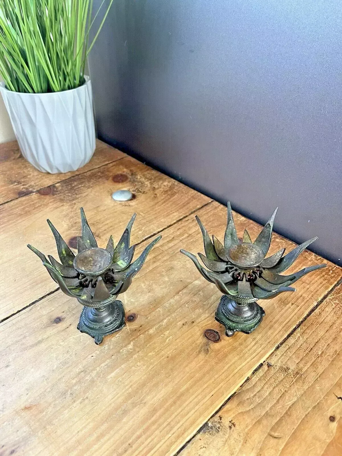 Pair Of Antique 19th C Burmese Bronze Lotus Flower Incense Burner Candle Holders photo for sale