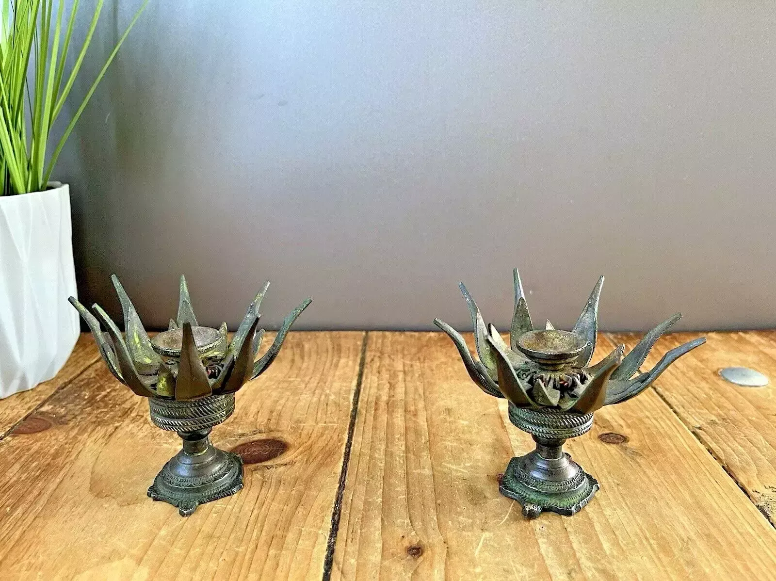 Pair Of Antique 19th C Burmese Bronze Lotus Flower Incense Burner Candle Holders photo Home Decor