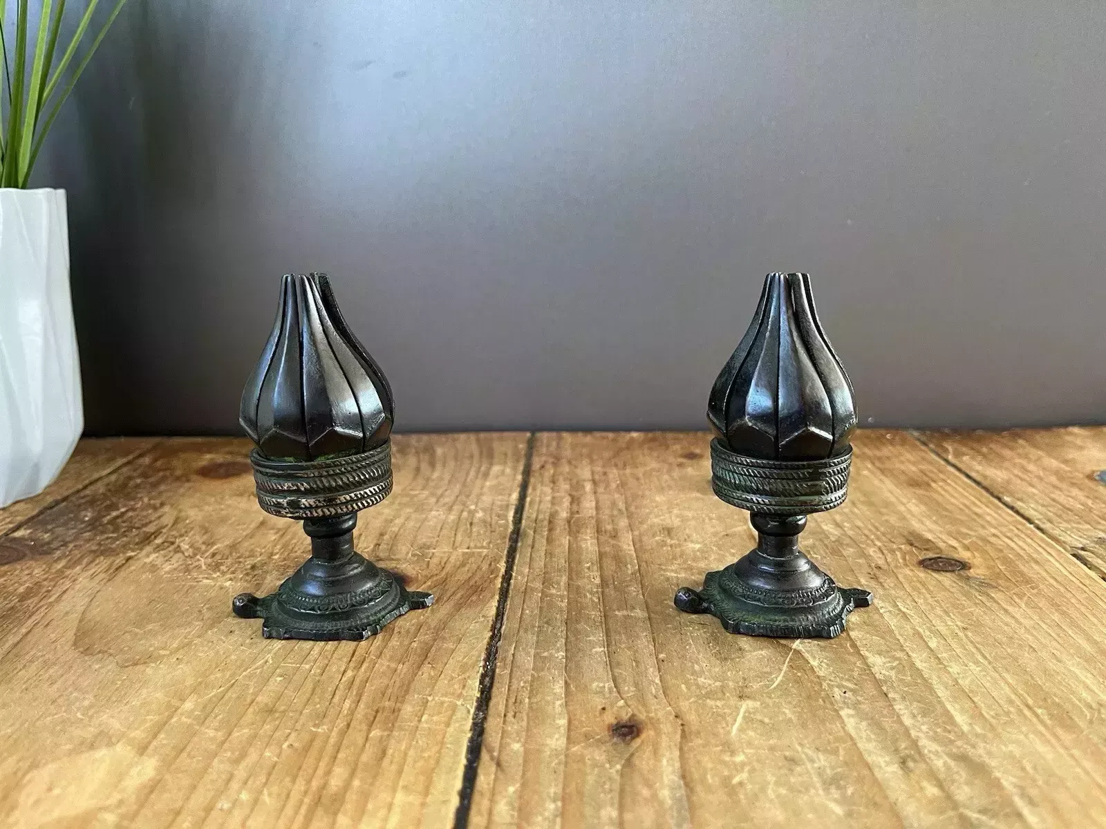 Pair Of Antique 19th C Burmese Bronze Lotus Flower Incense Burner Candle Holders photo vinterior