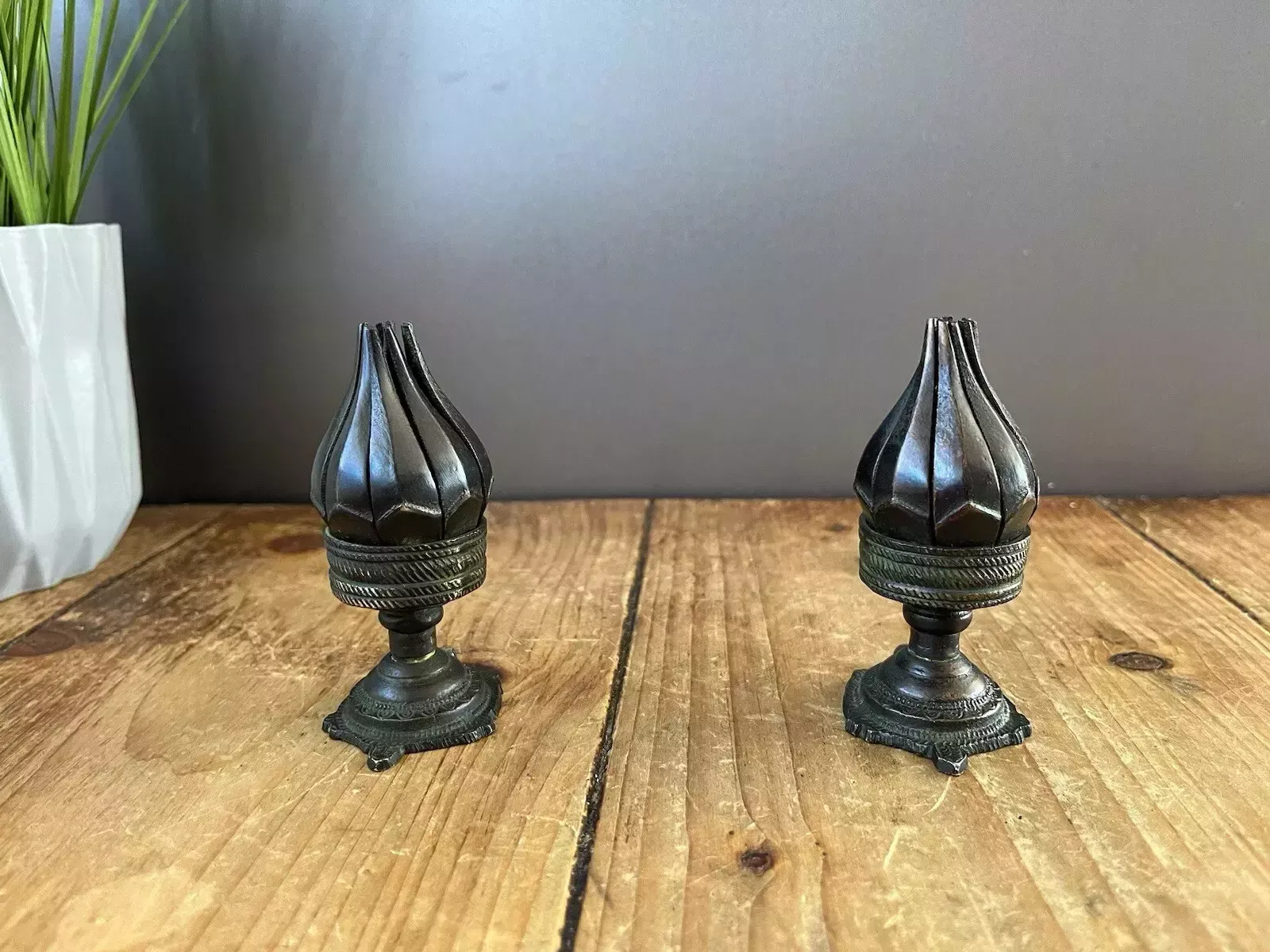 Pair Of Antique 19th C Burmese Bronze Lotus Flower Incense Burner Candle Holders photo buy