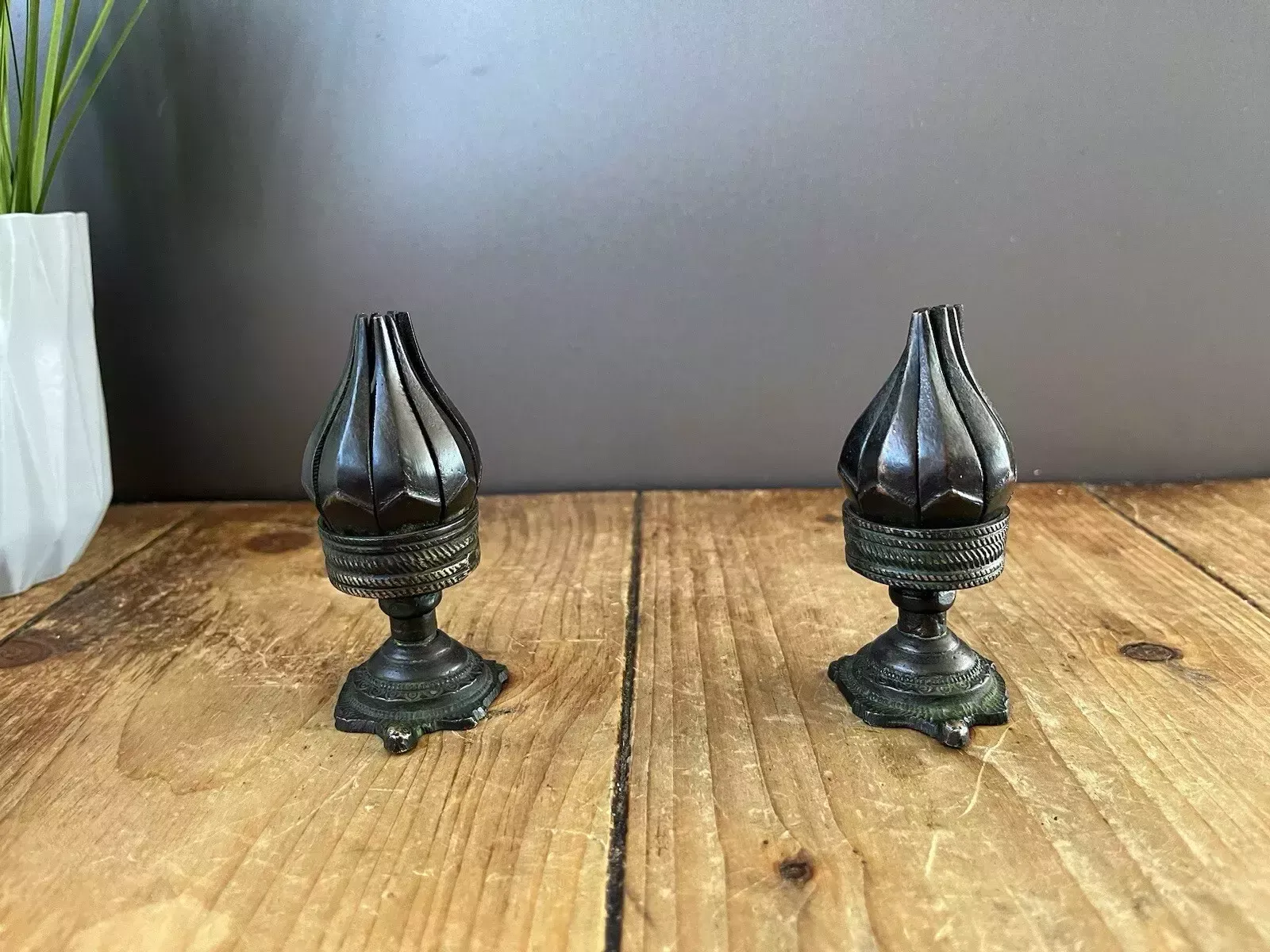 photo furniture Pair Of Antique 19th C Burmese Bronze Lotus Flower Incense Burner Candle Holders