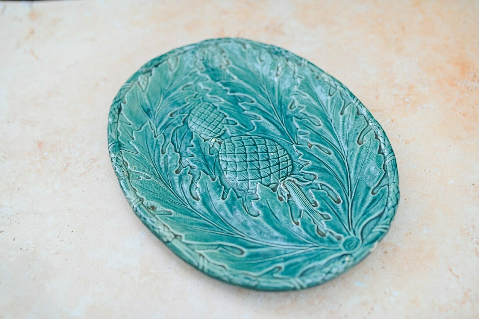 Asparagus And Artichokes Majolica Dish, French Green Majolica photo vinterior