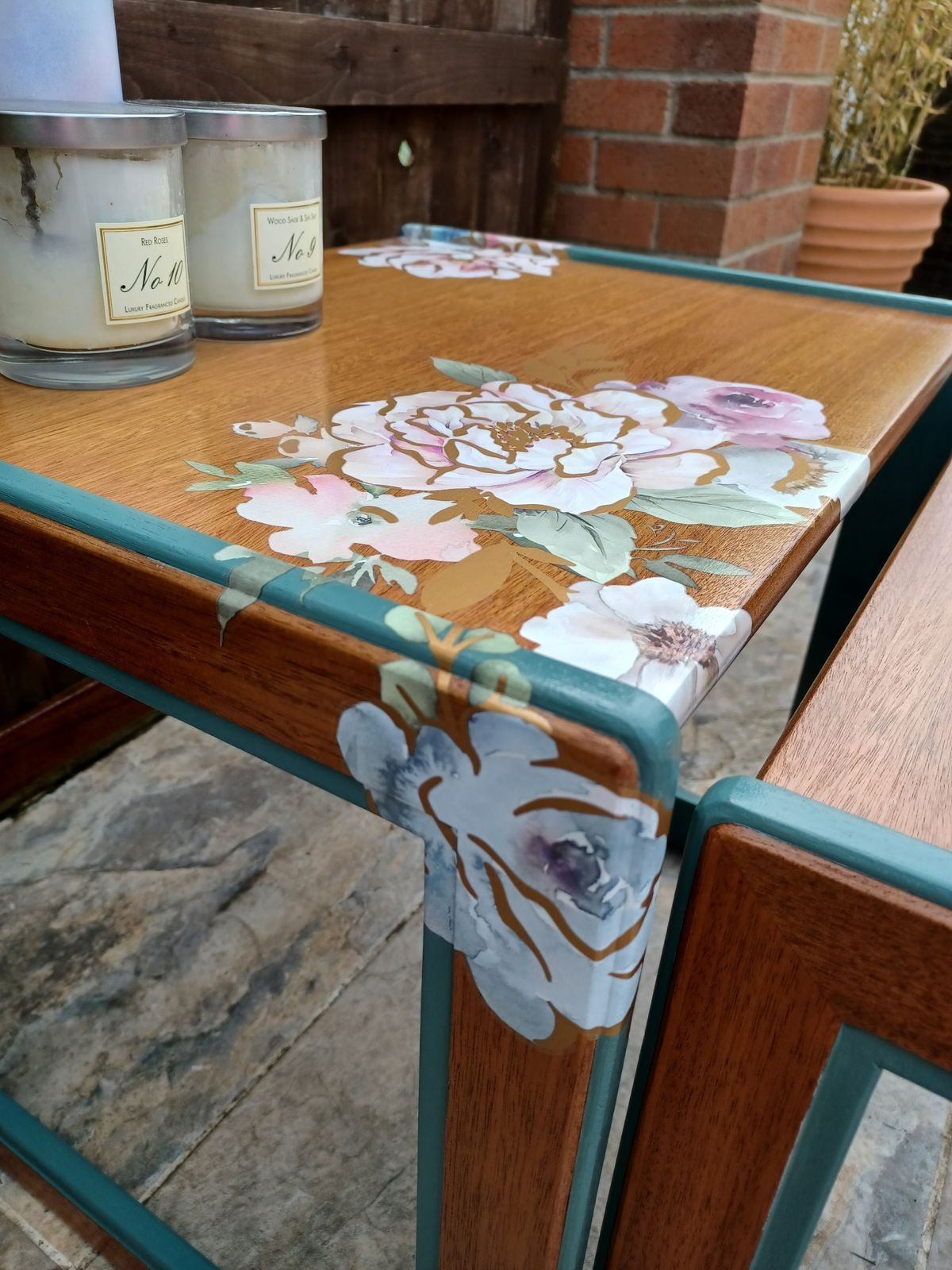 G Plan Nest Of Tables Upcycled Green And Natural Wood photo for sale